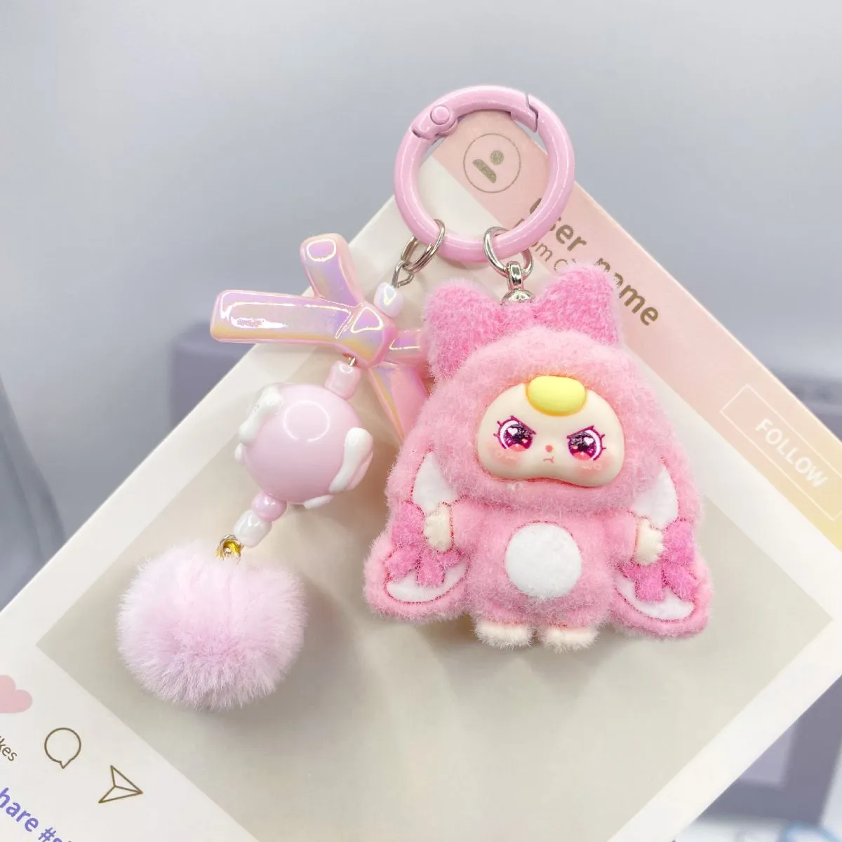 Bow Flocked Big-Ear Doll Cartoon Keychain – 3D Plush Figure Backpack Charm, Cute Keyring Bag Pendant